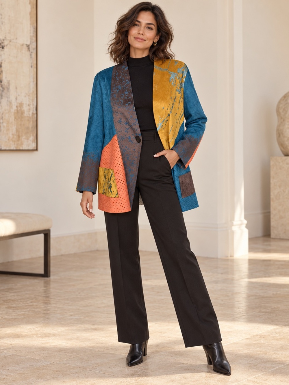 Vintage 90s Colorblock Faux Suede Wearable Art Blazer Jacket Blazer NWOT